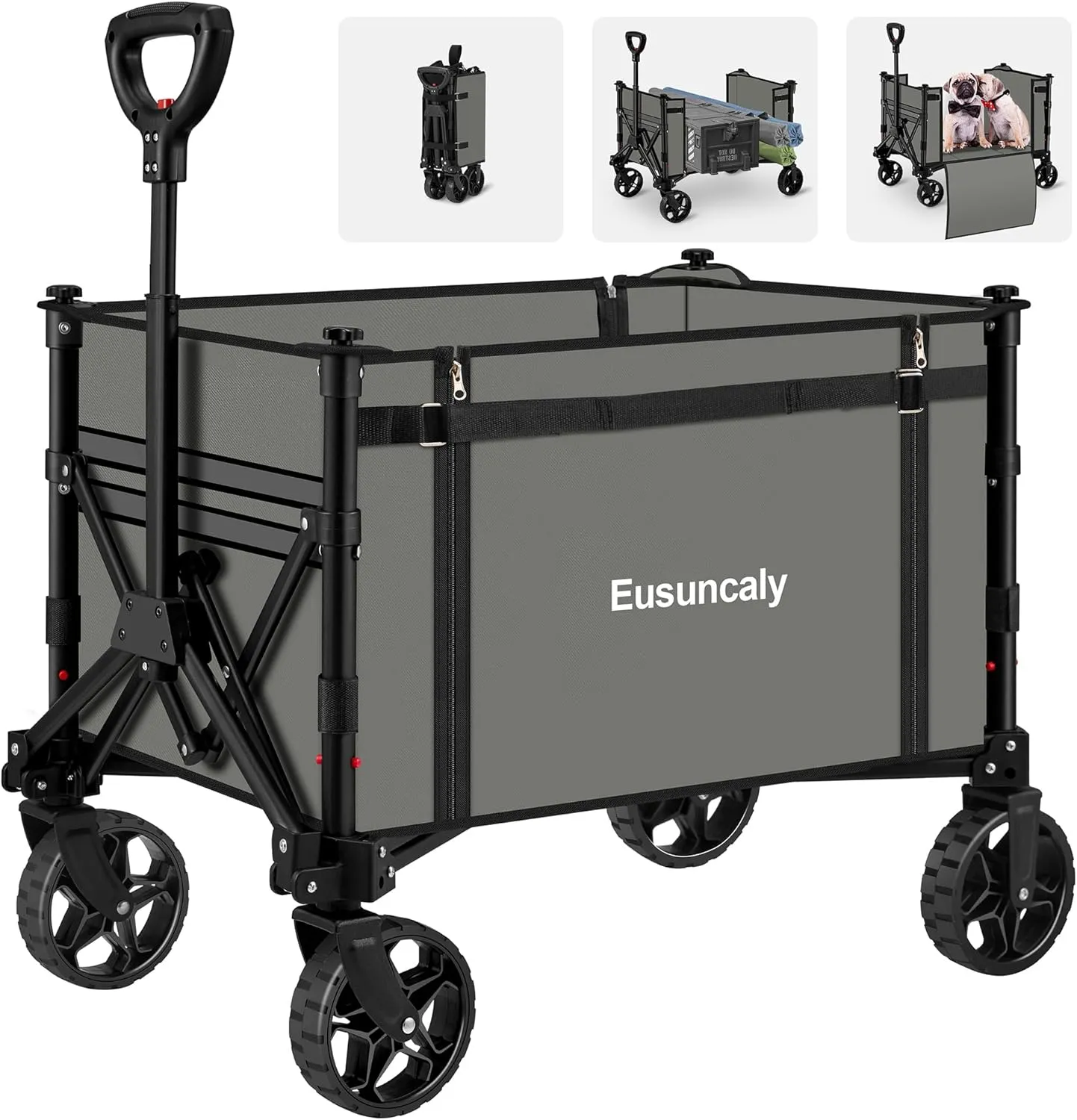 Collapsible Wagon with Wheels, Wagons Carts Foldable, Heavy Duty Folding Utility Cart for Grocery, Camping, Shopping, Sports, Garden, Fishing, Grey
