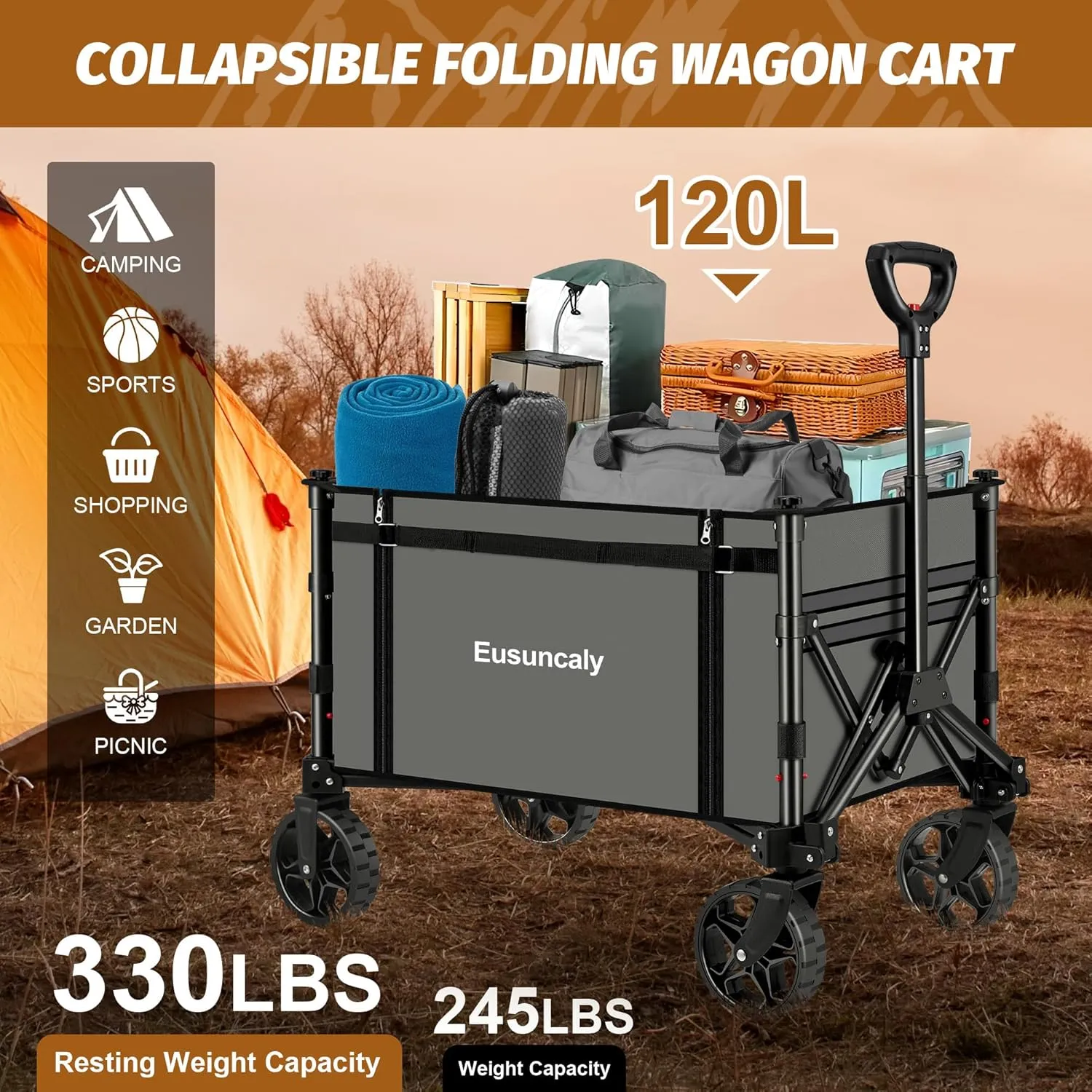 Collapsible Wagon with Wheels, Wagons Carts Foldable, Heavy Duty Folding Utility Cart for Grocery, Camping, Shopping, Sports, Garden, Fishing, Grey