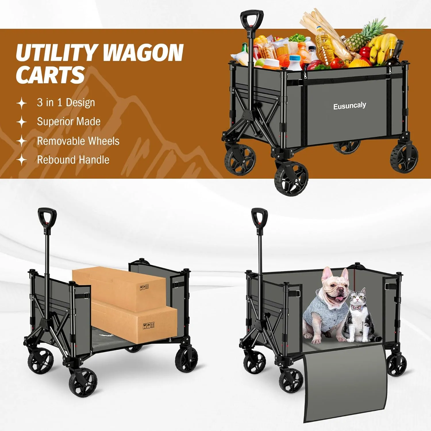 Collapsible Wagon with Wheels, Wagons Carts Foldable, Heavy Duty Folding Utility Cart for Grocery, Camping, Shopping, Sports, Garden, Fishing, Grey