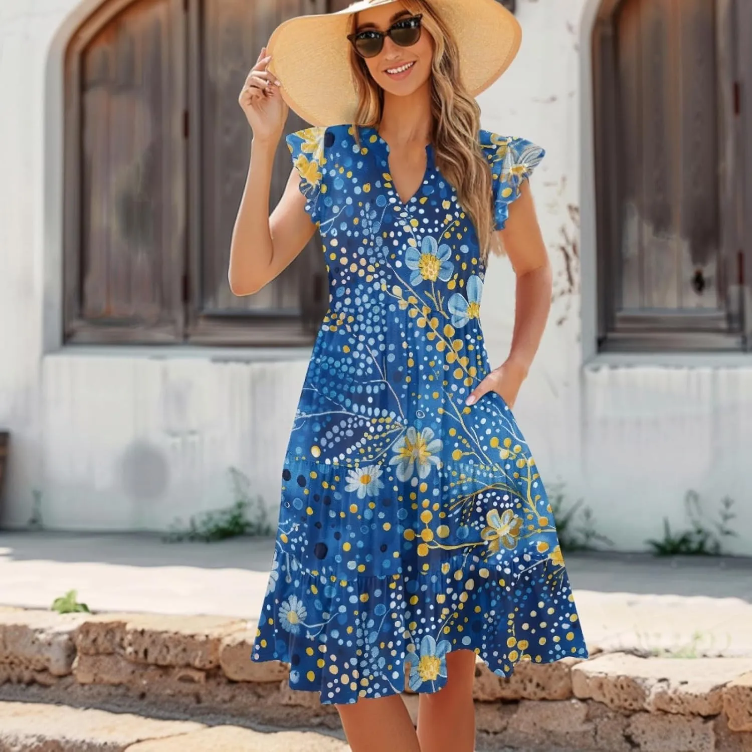 Coloranimal Summer Dresses for Women Maxi Dress with Pockets Formal Sundresses Beach Dress Short Sleeve Midi Dress