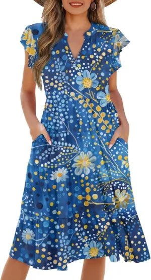 Coloranimal Summer Dresses for Women Maxi Dress with Pockets Formal Sundresses Beach Dress Short Sleeve Midi Dress