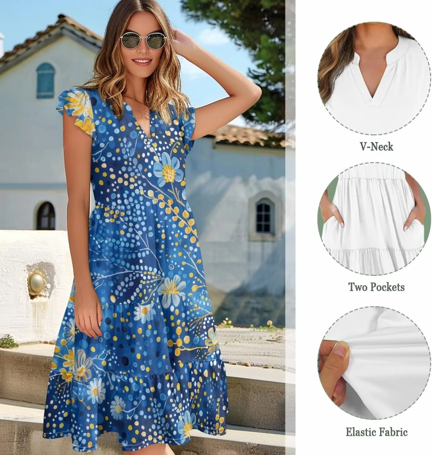 Coloranimal Summer Dresses for Women Maxi Dress with Pockets Formal Sundresses Beach Dress Short Sleeve Midi Dress