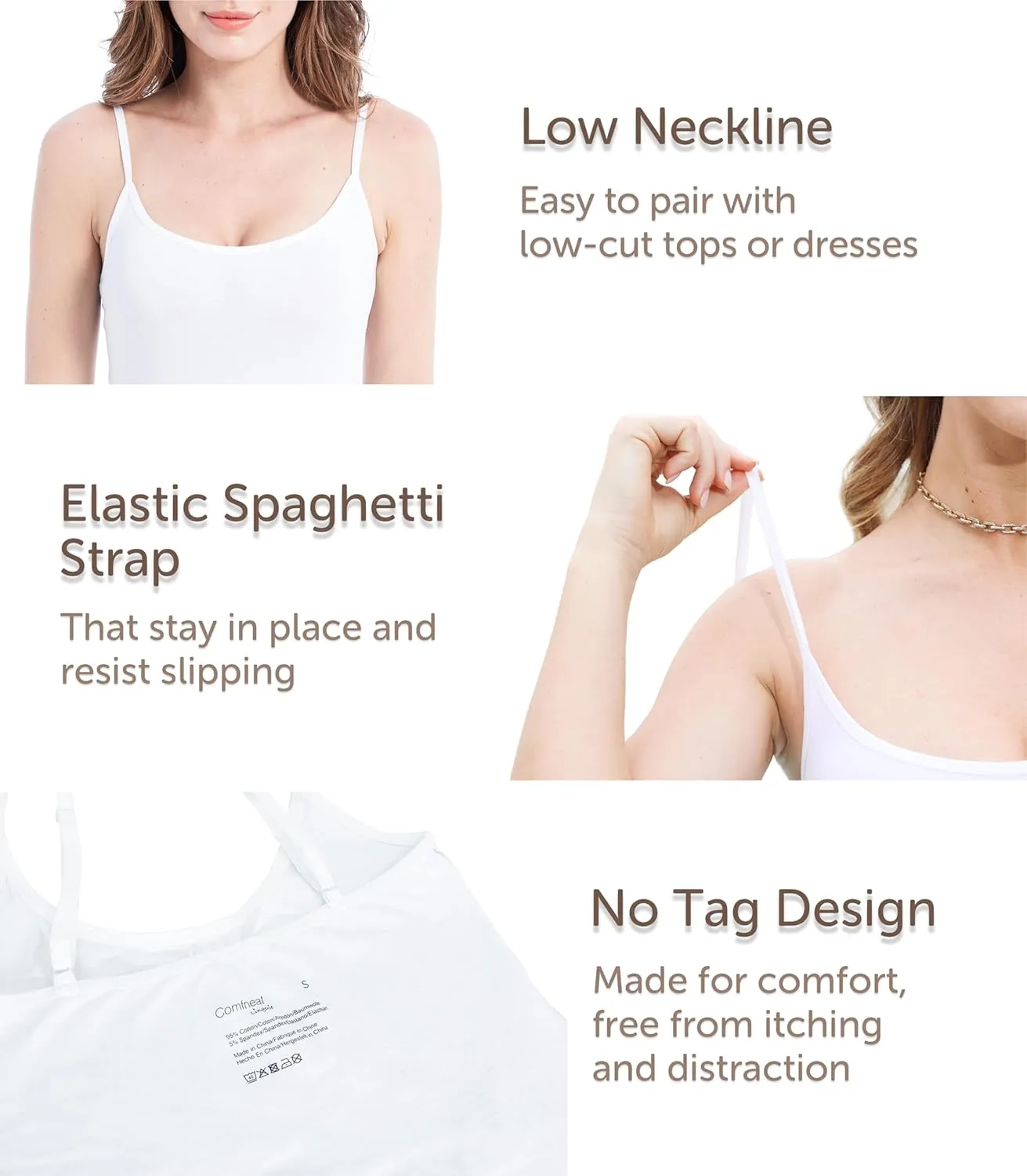 Comfneat Women's 4-Pack Slim-Fit Camisoles Cotton Adjustable Spaghetti Strap Top Underwear