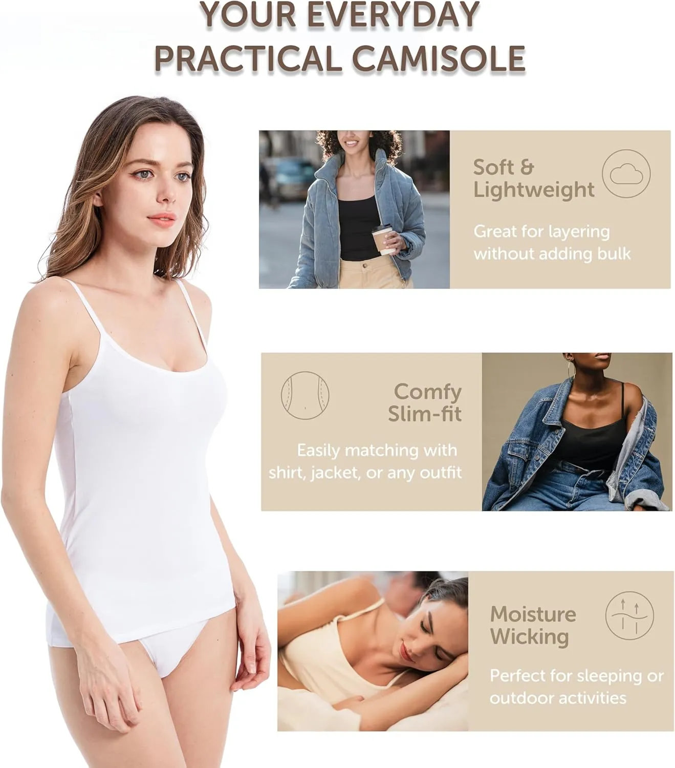 Comfneat Women's 4-Pack Slim-Fit Camisoles Cotton Adjustable Spaghetti Strap Top Underwear