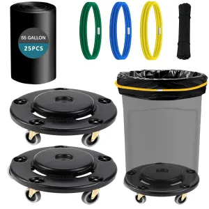 Commercial 5 Caster Trash Can Dollies Compatible with Brute Trash Can 55 Gallon 1.5 Mil Trash Bags 25 Bags with Ties and Rubber Bands | Heavy-Duty | 500 Lb Capacity (Pack of 2)