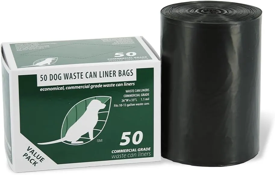 Commercial Grade Dog Waste Station Can Liners -1 Roll of 50 bags - Standard Size 26" W x 33" L (10-13 gallons) - Heavy Duty, Thicker than competitors bags (1.1 mil) (50 Liners, Black)