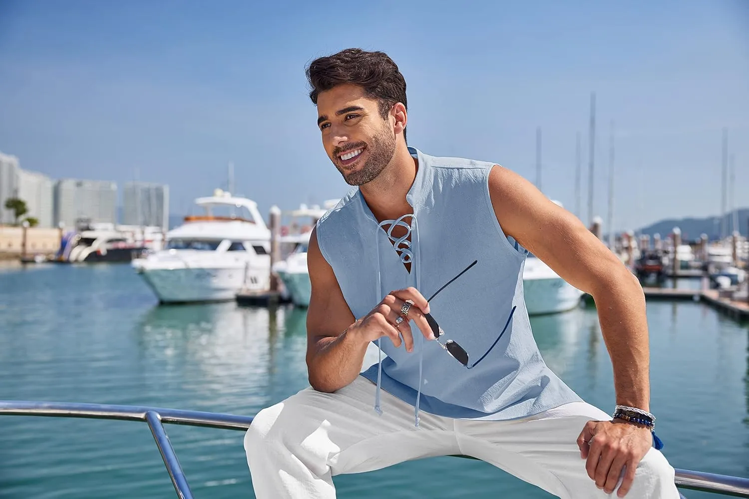 COOFANDY Men Tank Top Cotton Linen Beach Sleeveless Shirt Lace Up Bohemian Hippie Renaissance Pirate Kilt Medieval Tunic