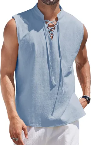 COOFANDY Men Tank Top Cotton Linen Beach Sleeveless Shirt Lace Up Bohemian Hippie Renaissance Pirate Kilt Medieval Tunic