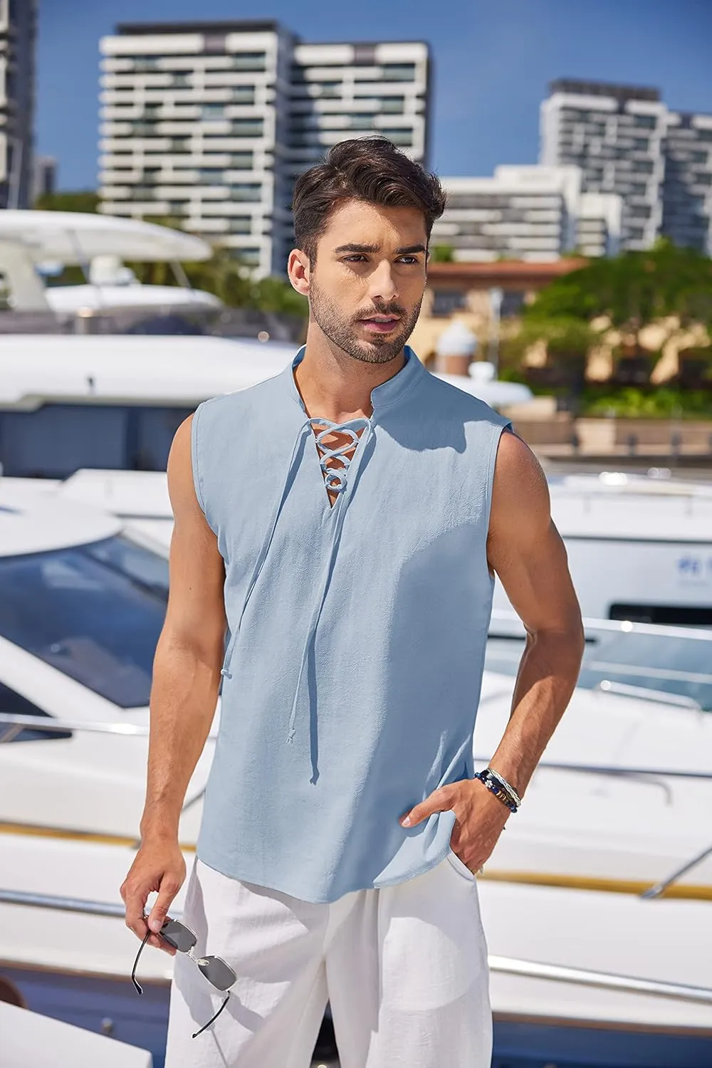 COOFANDY Men Tank Top Cotton Linen Beach Sleeveless Shirt Lace Up Bohemian Hippie Renaissance Pirate Kilt Medieval Tunic