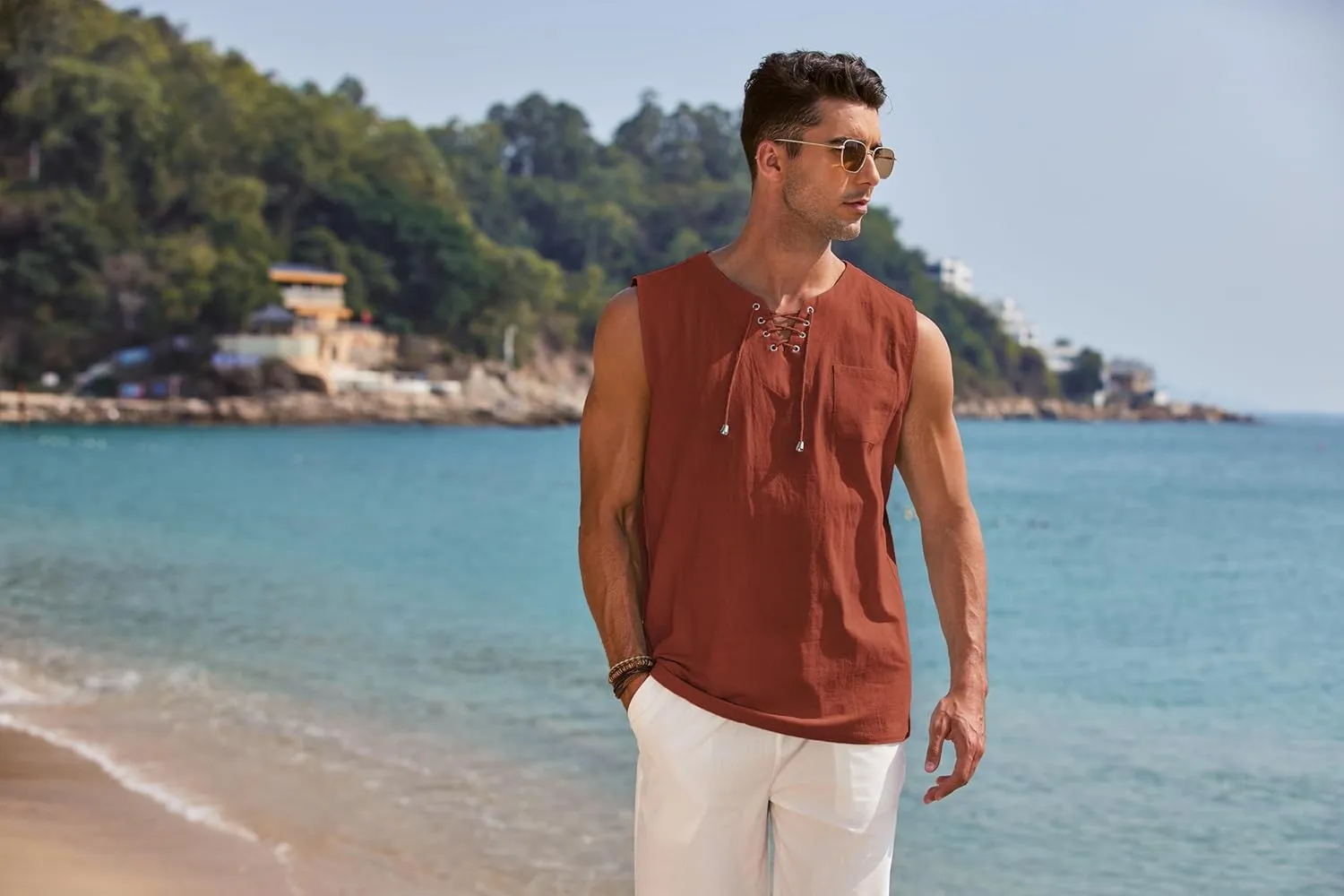 COOFANDY Men's Cotton Linen Tank Top Shirts Casual Sleeveless Lace Up Beach Hippie Tops Bohemian Renaissance Pirate Tunic