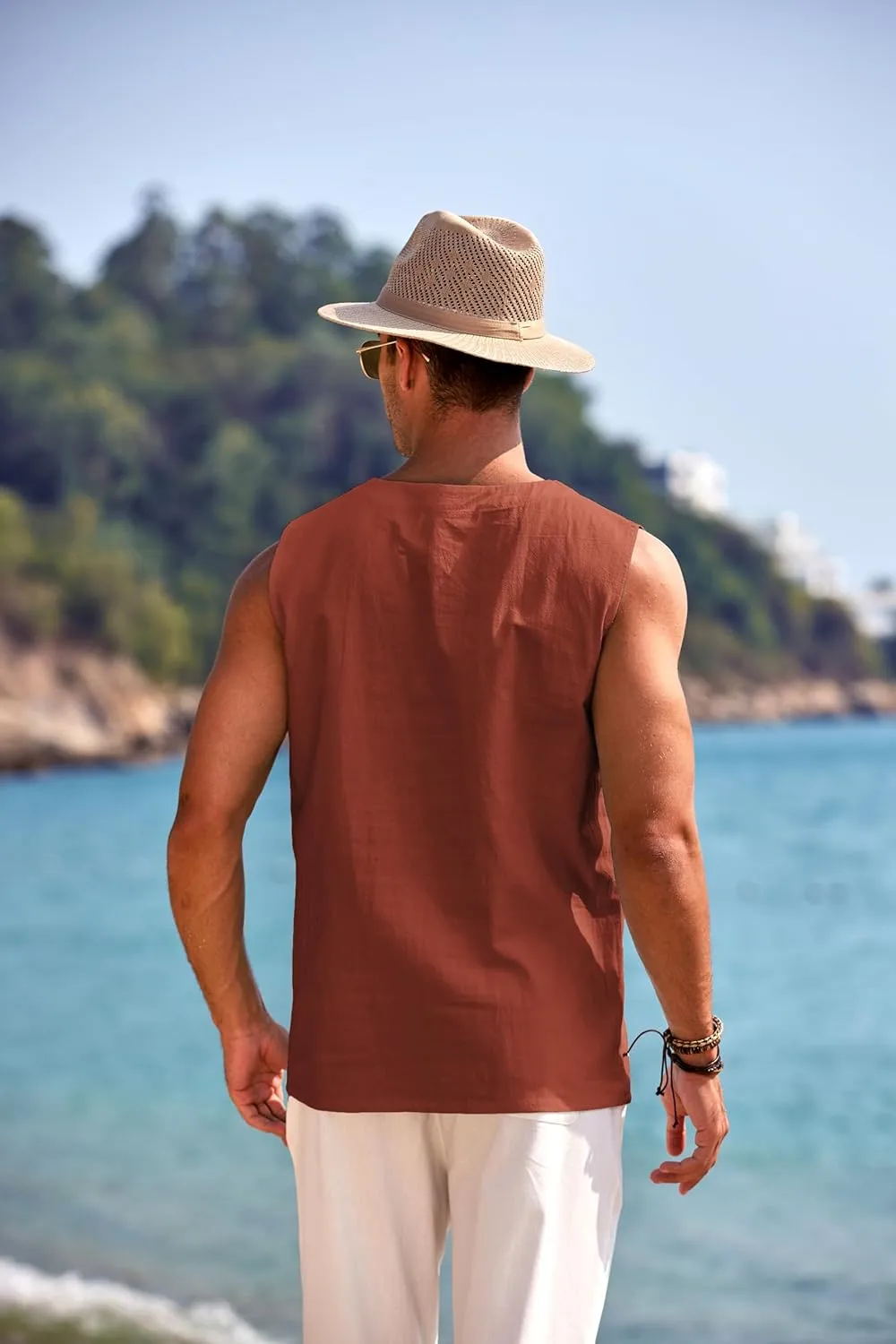 COOFANDY Men's Cotton Linen Tank Top Shirts Casual Sleeveless Lace Up Beach Hippie Tops Bohemian Renaissance Pirate Tunic