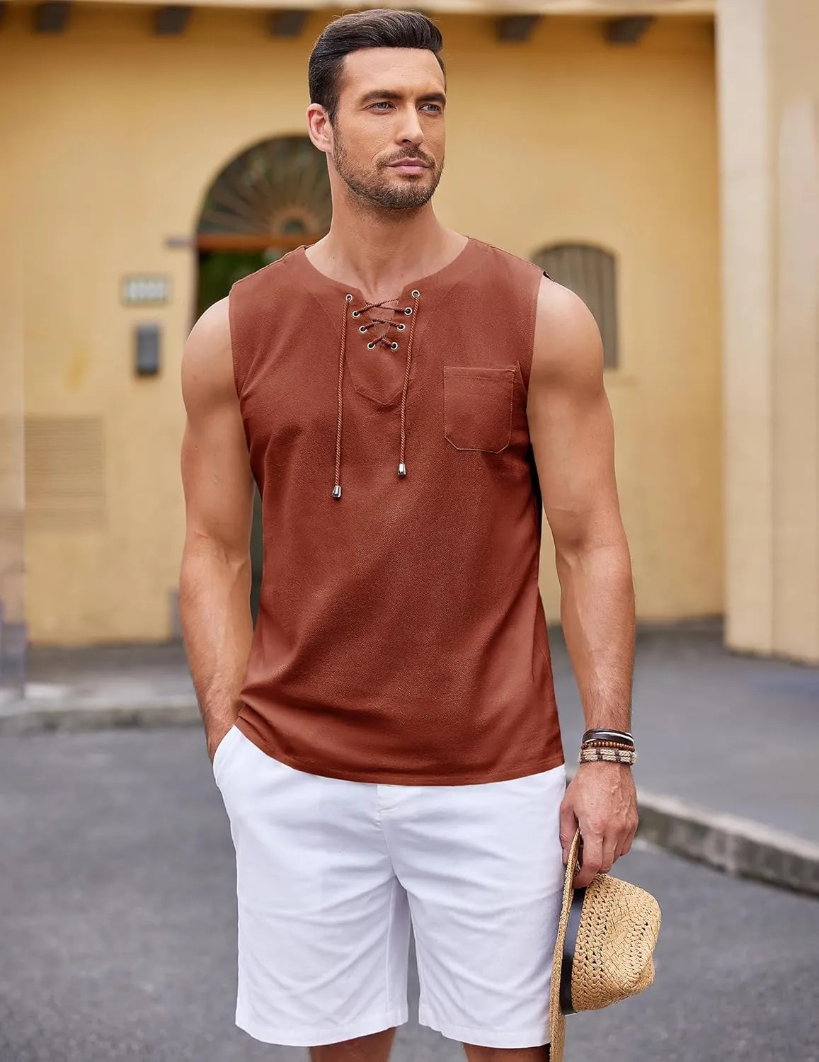 COOFANDY Men's Cotton Linen Tank Top Shirts Casual Sleeveless Lace Up Beach Hippie Tops Bohemian Renaissance Pirate Tunic