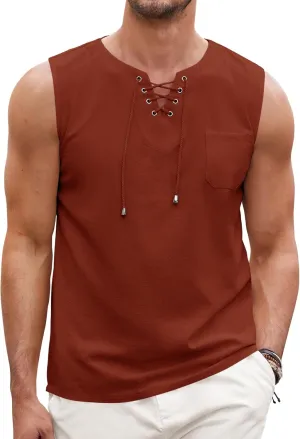 COOFANDY Men's Cotton Linen Tank Top Shirts Casual Sleeveless Lace Up Beach Hippie Tops Bohemian Renaissance Pirate Tunic