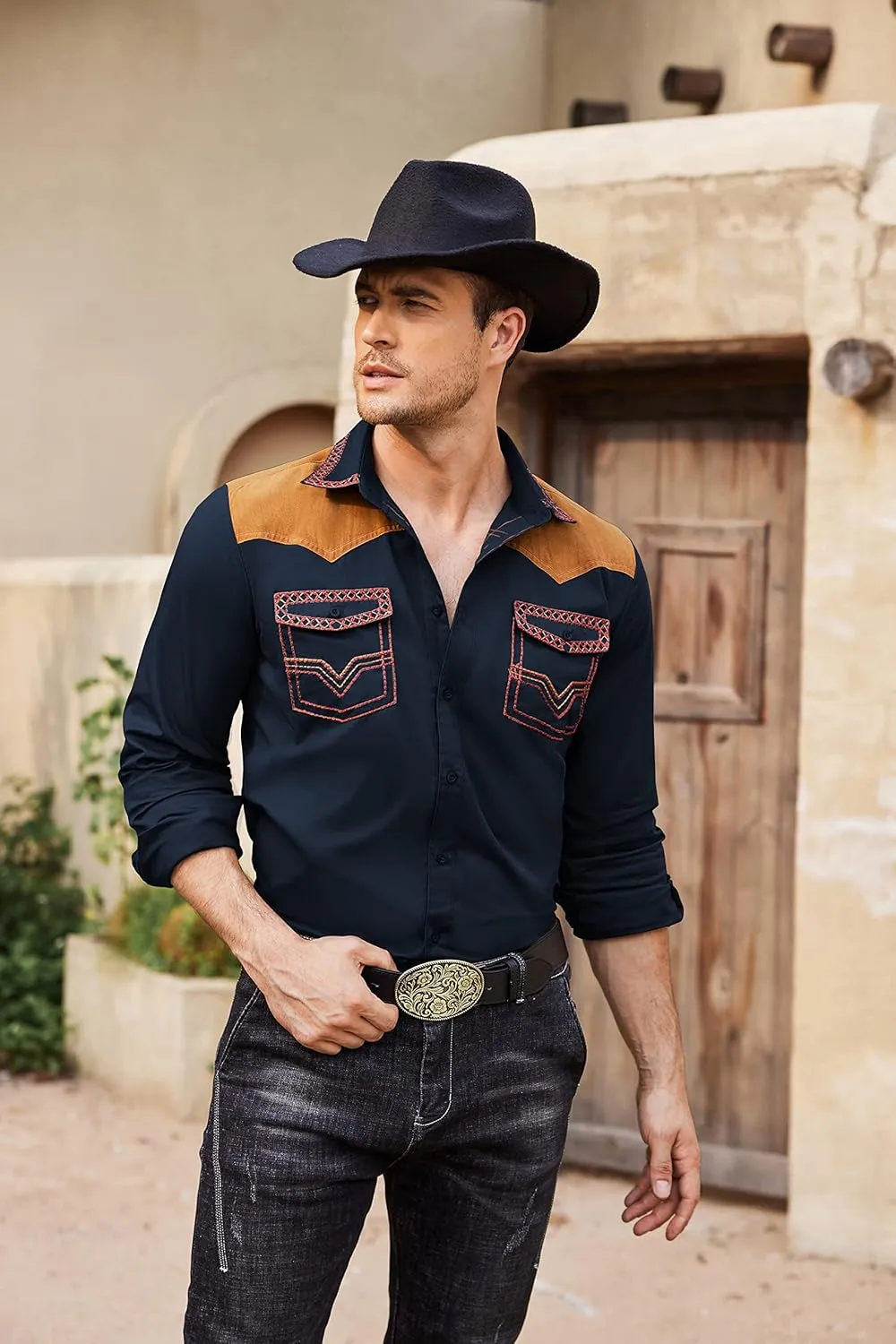 COOFANDY Men's Western Cowboy Shirt Embroidered Long Sleeve Slim Fit Casual Cotton Button Down Hippie Shirts with Pockets