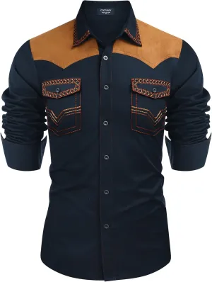 COOFANDY Men's Western Cowboy Shirt Embroidered Long Sleeve Slim Fit Casual Cotton Button Down Hippie Shirts with Pockets