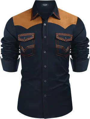 COOFANDY Men's Western Cowboy Shirt Embroidered Long Sleeve Slim Fit Casual Cotton Button Down Hippie Shirts with Pockets
