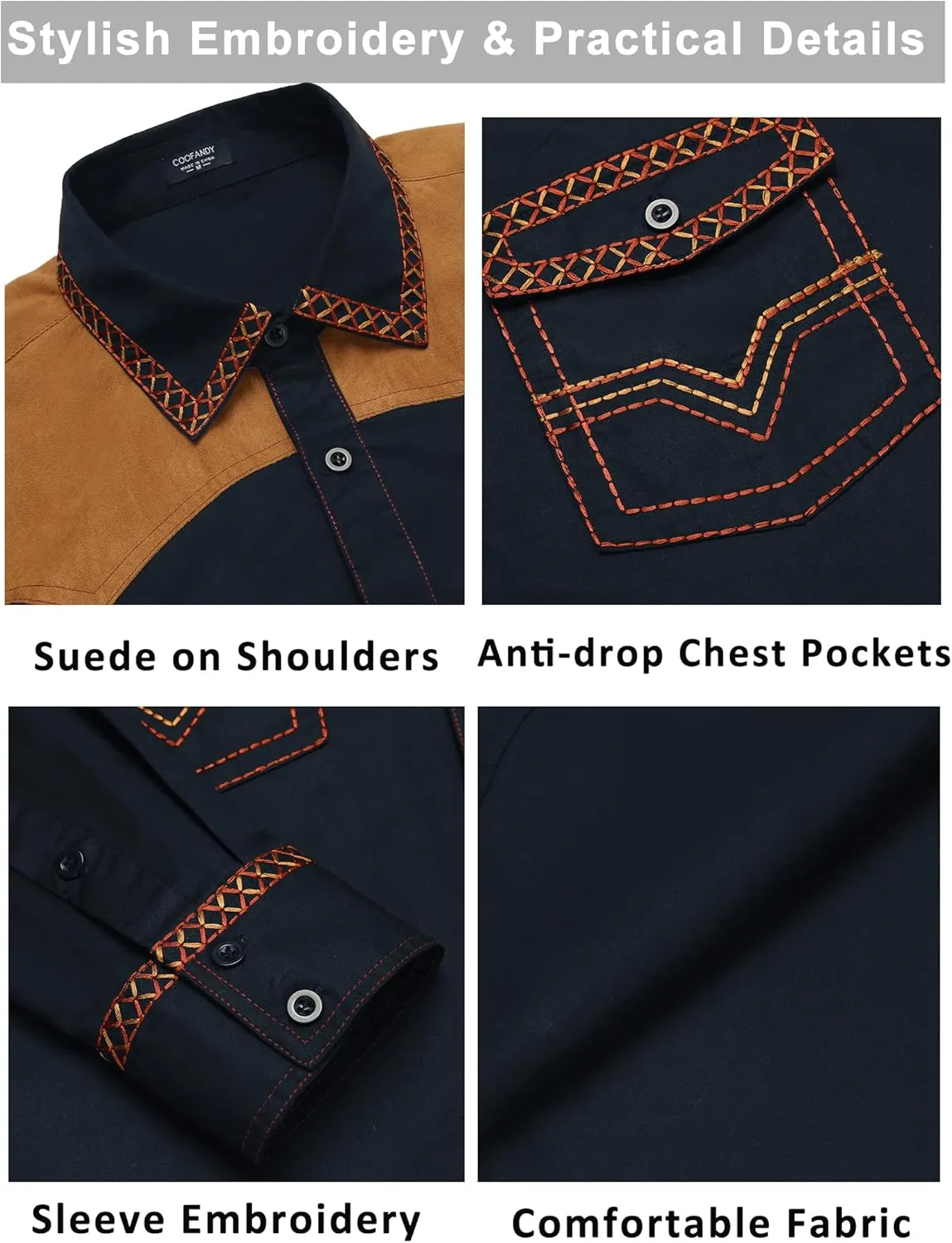 COOFANDY Men's Western Cowboy Shirt Embroidered Long Sleeve Slim Fit Casual Cotton Button Down Hippie Shirts with Pockets