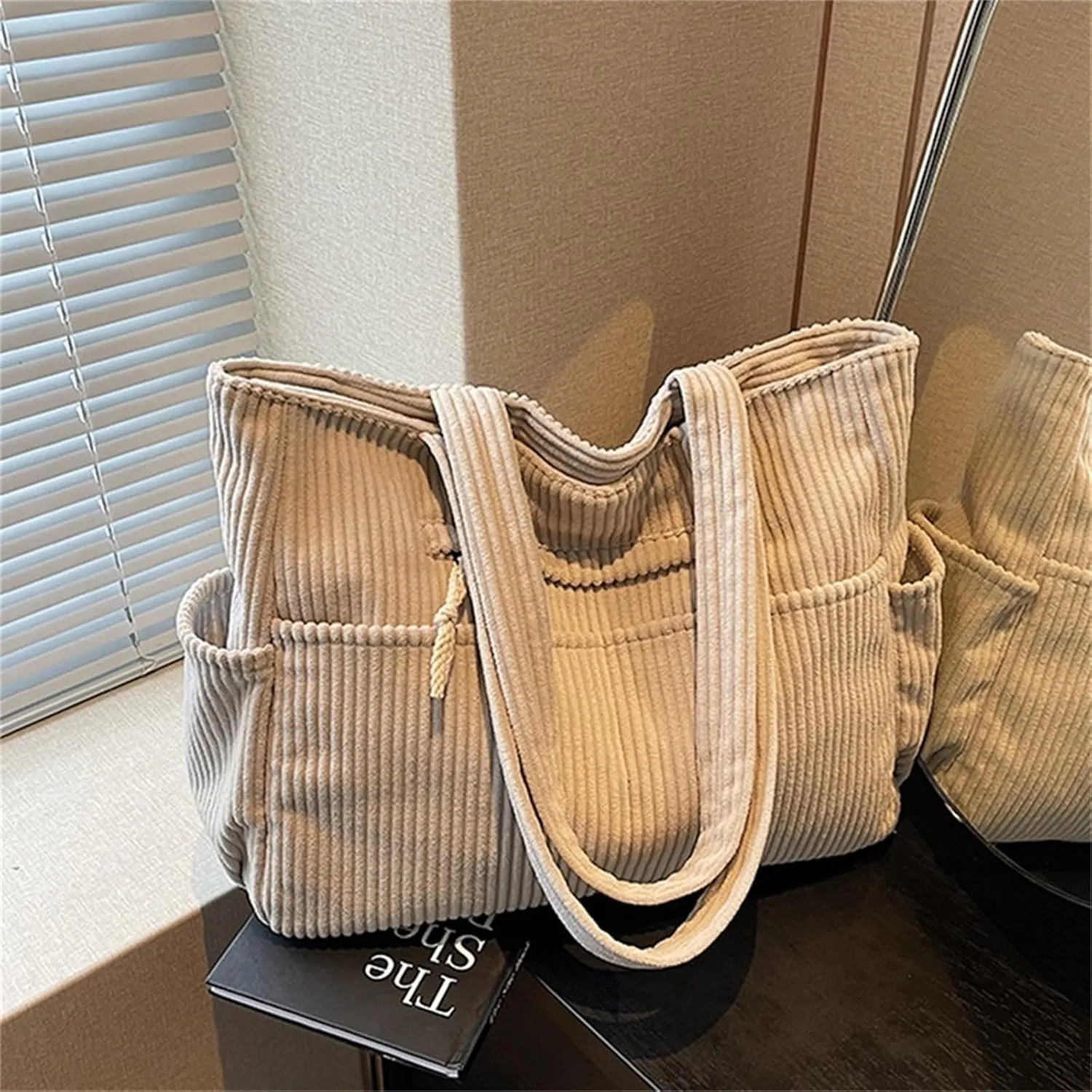 Corduroy Tote Bag for Women, Multiple Pockets Large Hobo Shoulder Bag for Office & Shopping, Zipper Casual Handbags