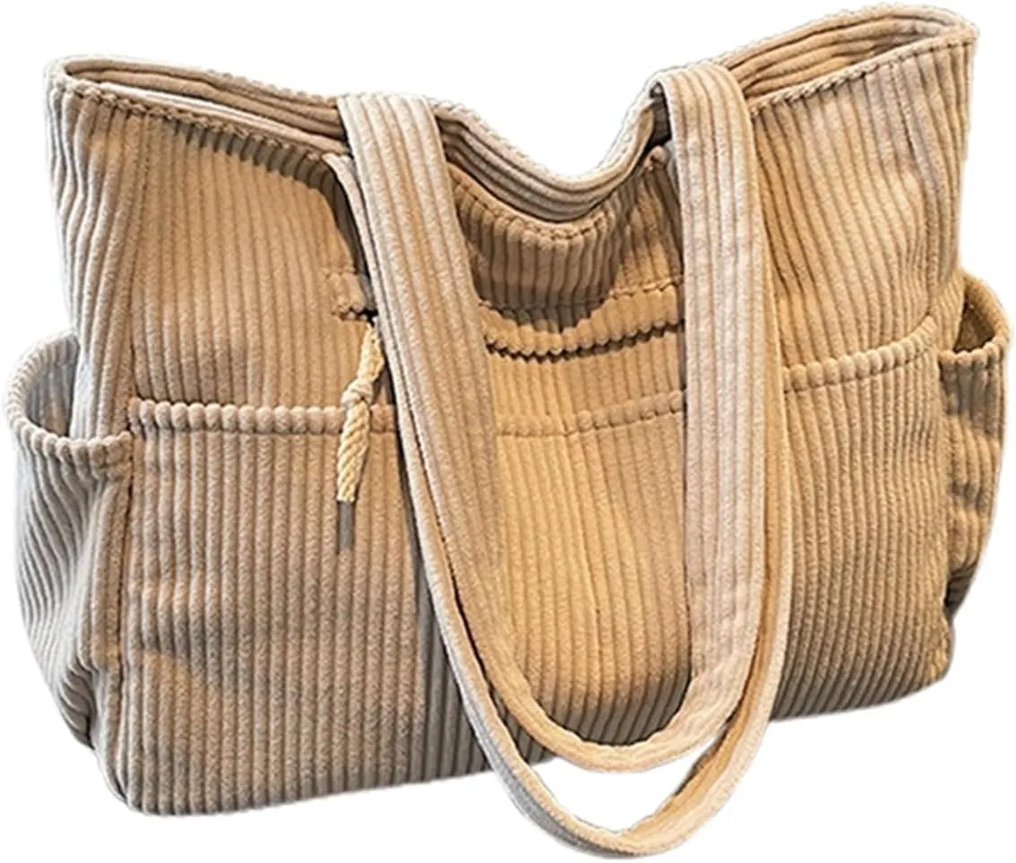 Corduroy Tote Bag for Women, Multiple Pockets Large Hobo Shoulder Bag for Office & Shopping, Zipper Casual Handbags