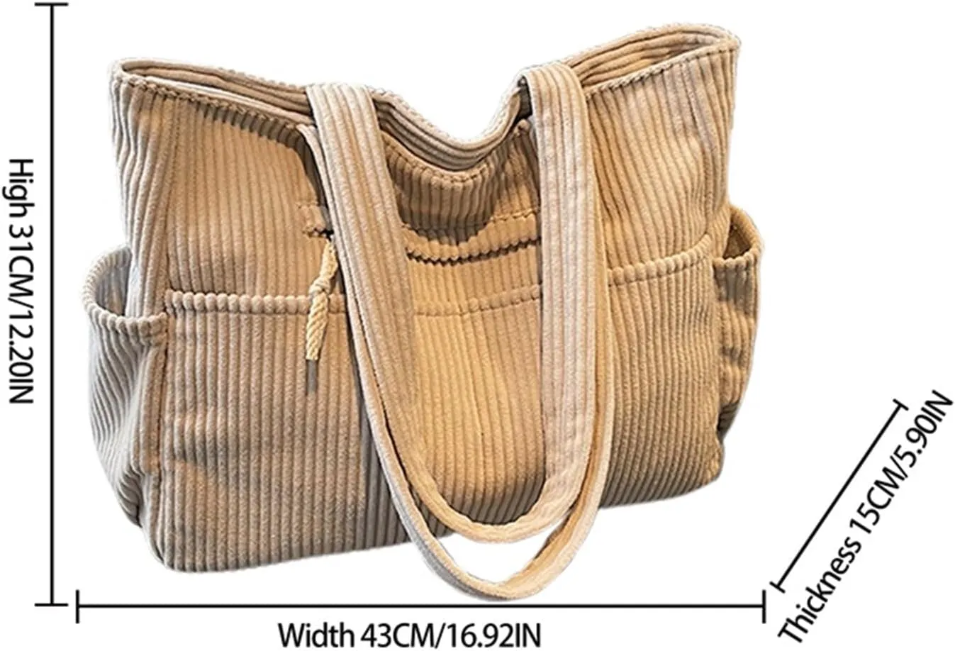 Corduroy Tote Bag for Women, Multiple Pockets Large Hobo Shoulder Bag for Office & Shopping, Zipper Casual Handbags