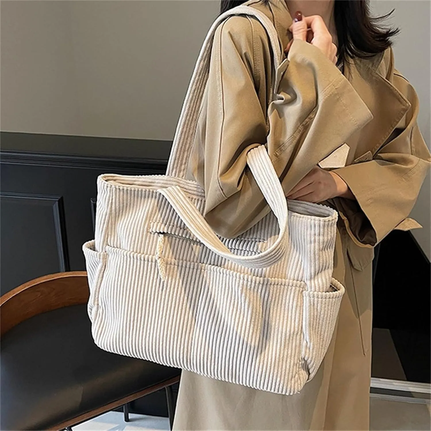Corduroy Tote Bag for Women, Multiple Pockets Large Hobo Shoulder Bag for Office & Shopping, Zipper Casual Handbags