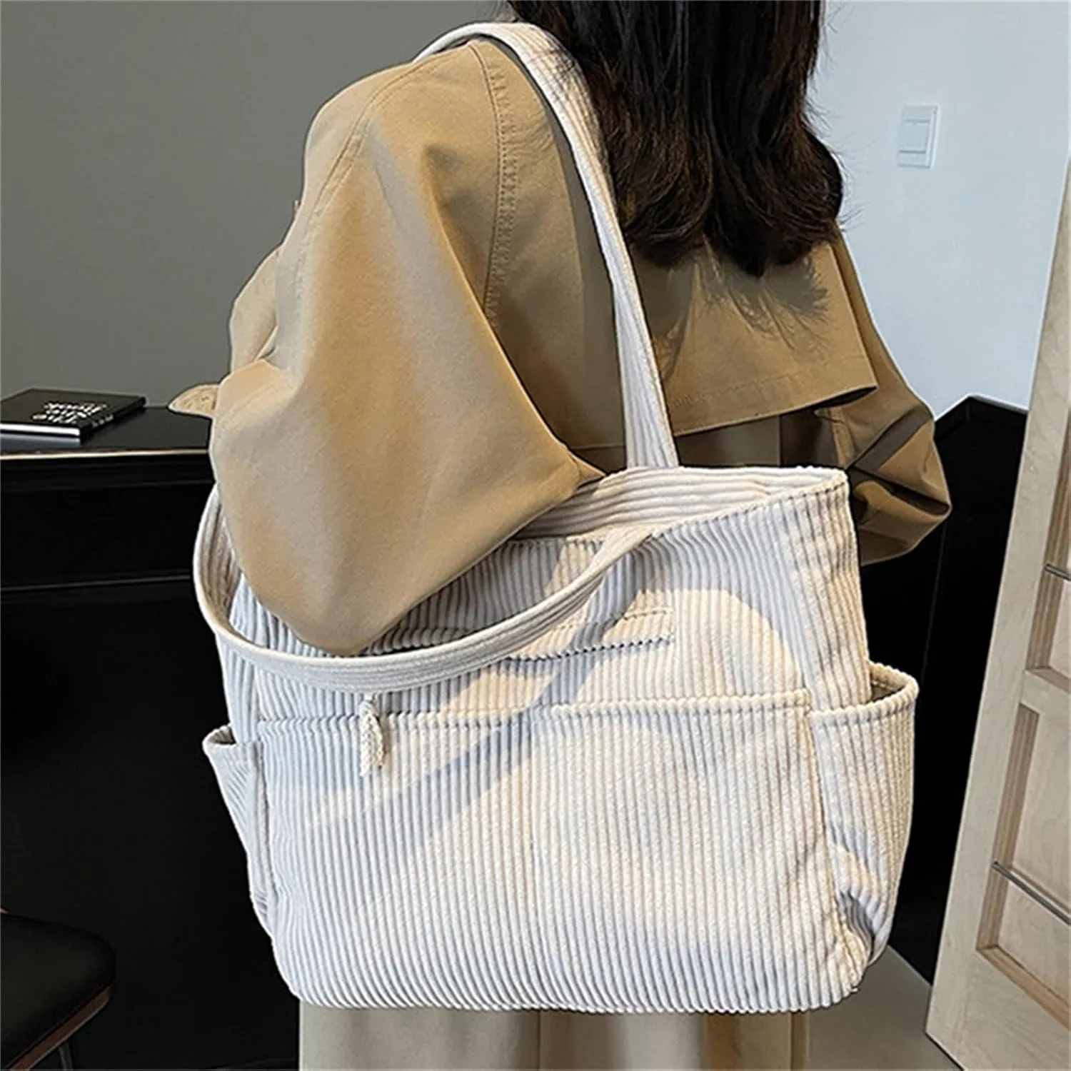 Corduroy Tote Bag for Women, Multiple Pockets Large Hobo Shoulder Bag for Office & Shopping, Zipper Casual Handbags