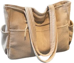 Corduroy Tote Bag for Women, Multiple Pockets Large Hobo Shoulder Bag for Office & Shopping, Zipper Casual Handbags