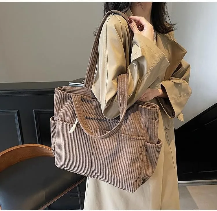 Corduroy Tote Bag For Women,Multiple Pockets Large Corduroy Shoulder Bag,Cute Tote Bag For Office,Travel, Shopping