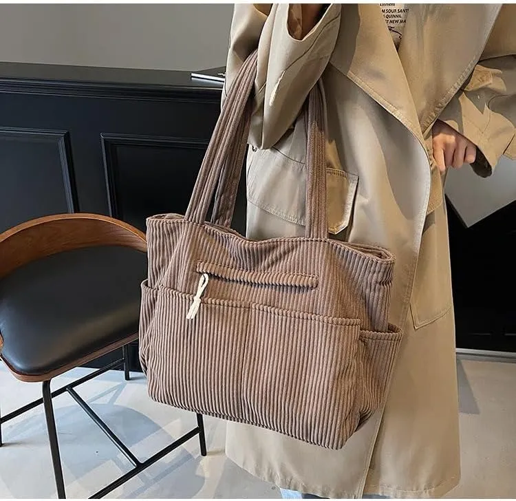 Corduroy Tote Bag For Women,Multiple Pockets Large Corduroy Shoulder Bag,Cute Tote Bag For Office,Travel, Shopping