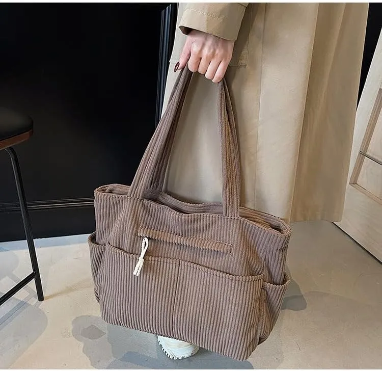 Corduroy Tote Bag For Women,Multiple Pockets Large Corduroy Shoulder Bag,Cute Tote Bag For Office,Travel, Shopping