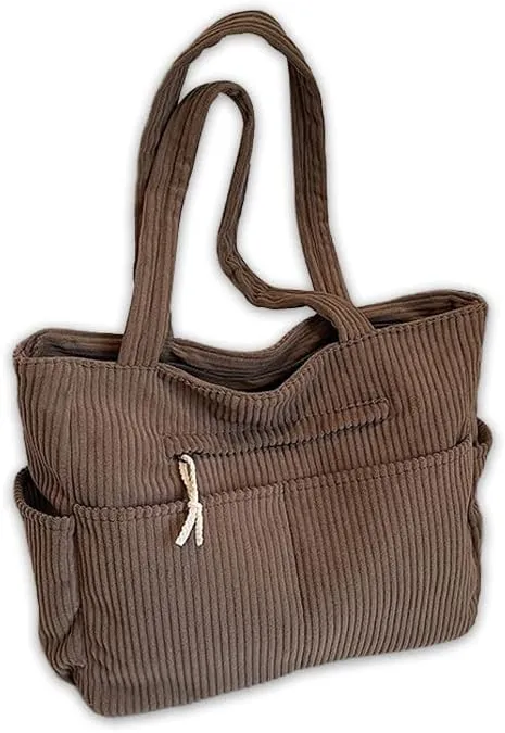 Corduroy Tote Bag For Women,Multiple Pockets Large Corduroy Shoulder Bag,Cute Tote Bag For Office,Travel, Shopping