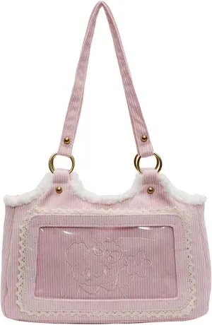 Corduroy Tote Bag for Women,Small Tote with Zipper, Trim Embroidery Shoulder Handbag with Patch Pocket for Work Shop