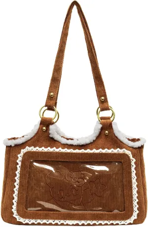 Corduroy Tote Bag for Women,Small Tote with Zipper, Trim Embroidery Shoulder Handbag with Patch Pocket for Work Shop