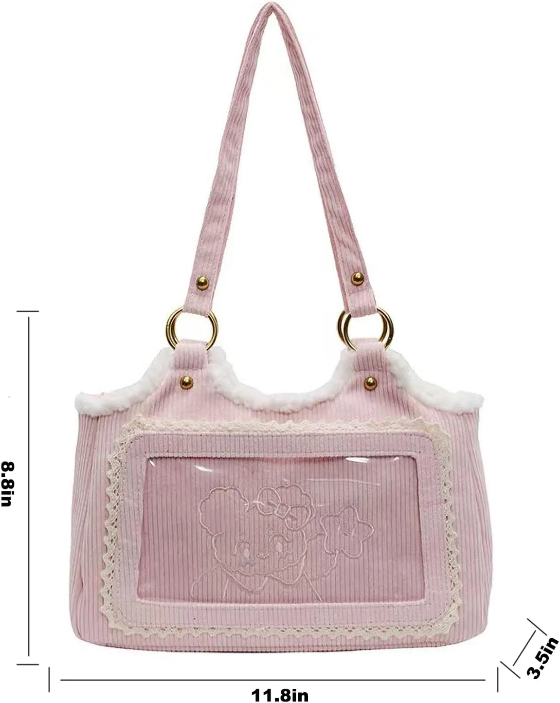 Corduroy Tote Bag for Women,Small Tote with Zipper, Trim Embroidery Shoulder Handbag with Patch Pocket for Work Shop