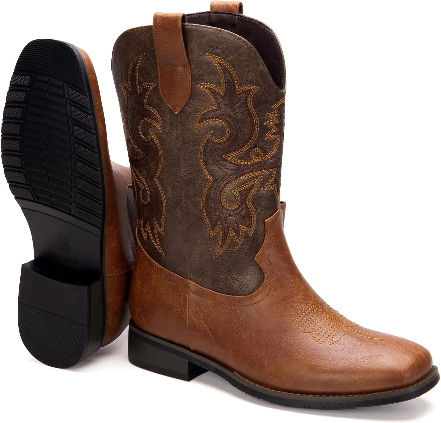 Cowboy Boots for Men Western Boots with Classic Embroidered Square Toe Men's Cowboy Boot Traditional Western Boots Chunky Heel Country Boot Durable Work Boots