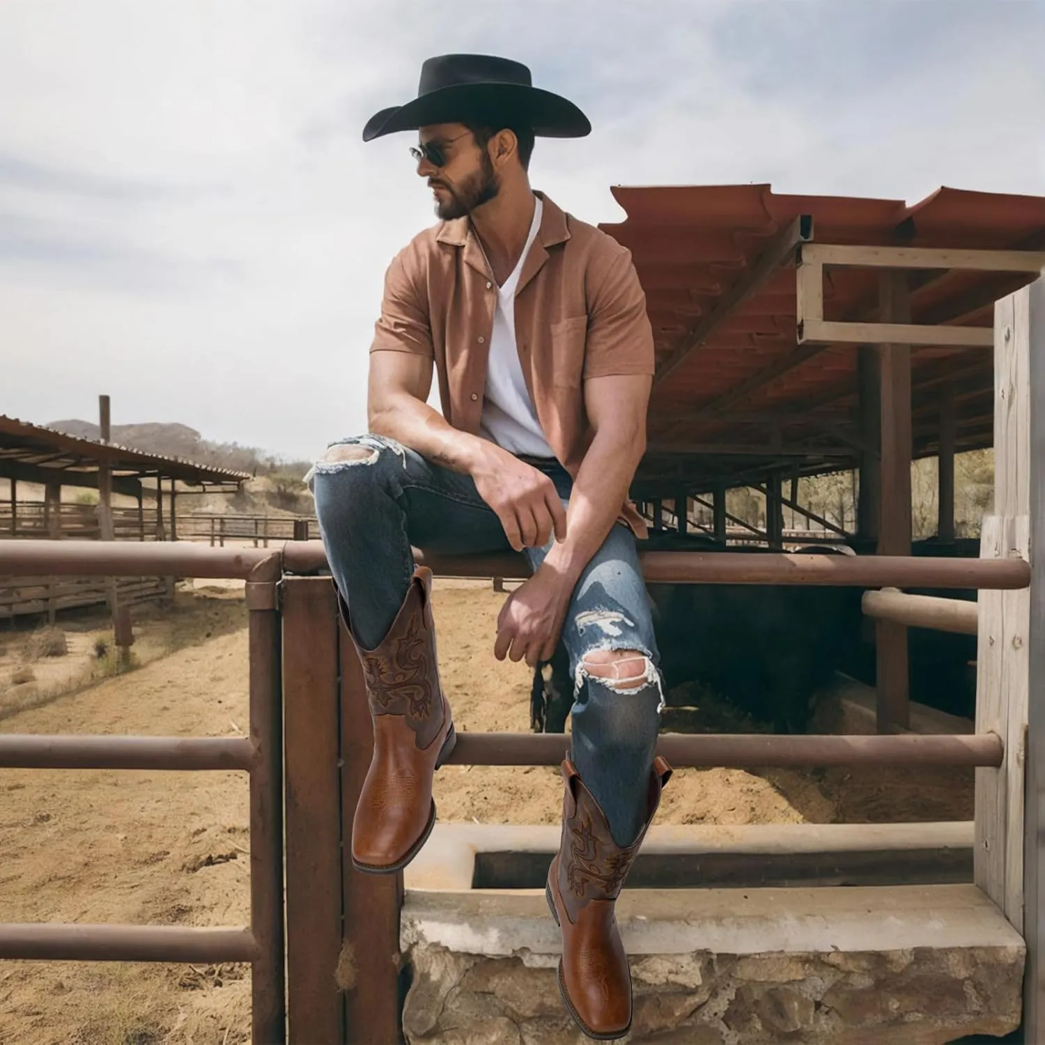 Cowboy Boots for Men Western Boots with Classic Embroidered Square Toe Men's Cowboy Boot Traditional Western Boots Chunky Heel Country Boot Durable Work Boots