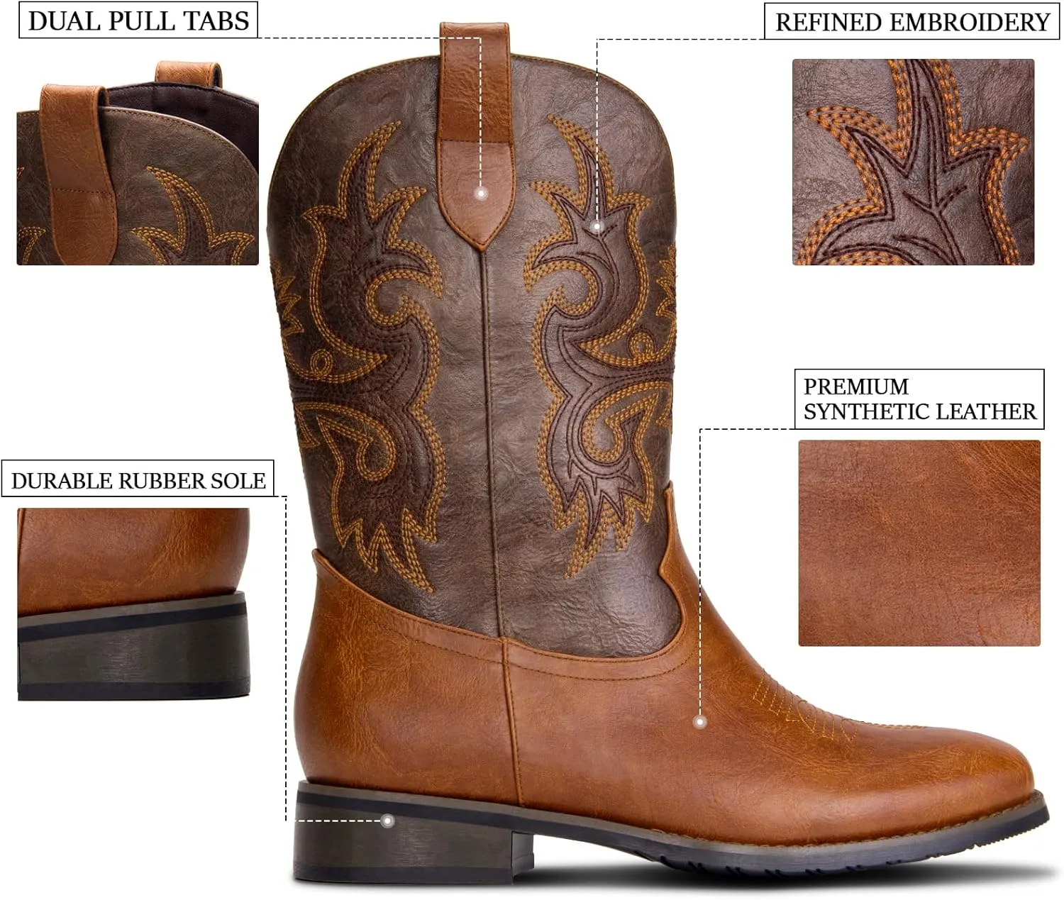 Cowboy Boots for Men Western Boots with Classic Embroidered Square Toe Men's Cowboy Boot Traditional Western Boots Chunky Heel Country Boot Durable Work Boots