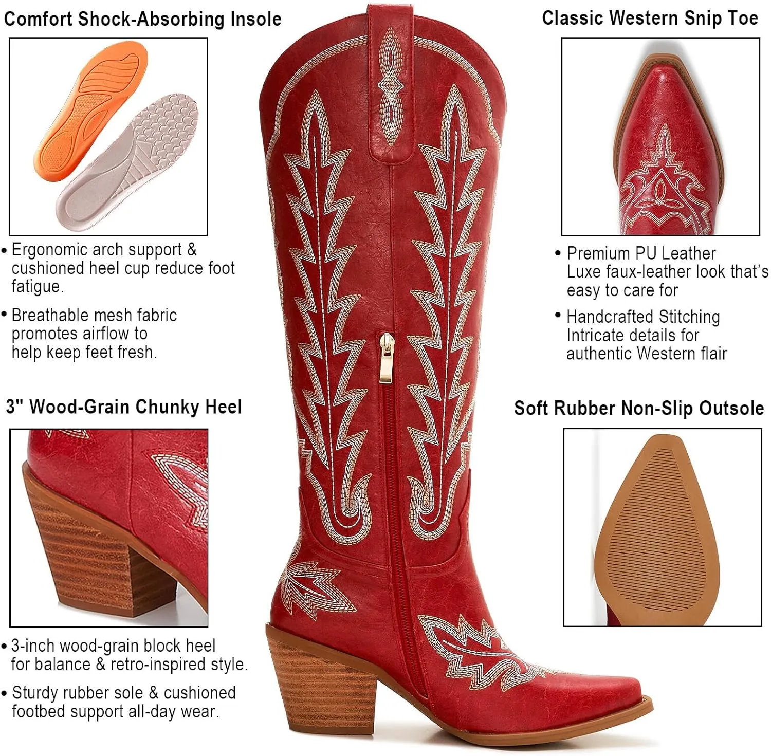 Cowboy Boots For Women - Western Knee High Cowgirl Boots with Snip Toe, 3" Wood Grain Block Heel, Slip-On & Side Zipper | Classic Western Embroidered Design