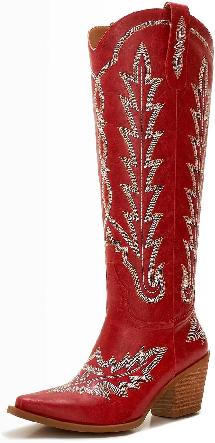Cowboy Boots For Women - Western Knee High Cowgirl Boots with Snip Toe, 3" Wood Grain Block Heel, Slip-On & Side Zipper | Classic Western Embroidered Design