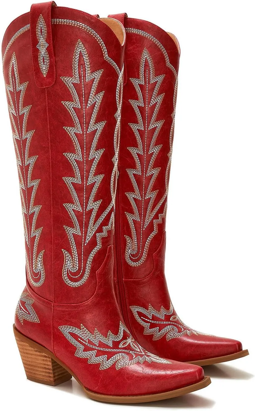 Cowboy Boots For Women - Western Knee High Cowgirl Boots with Snip Toe, 3" Wood Grain Block Heel, Slip-On & Side Zipper | Classic Western Embroidered Design