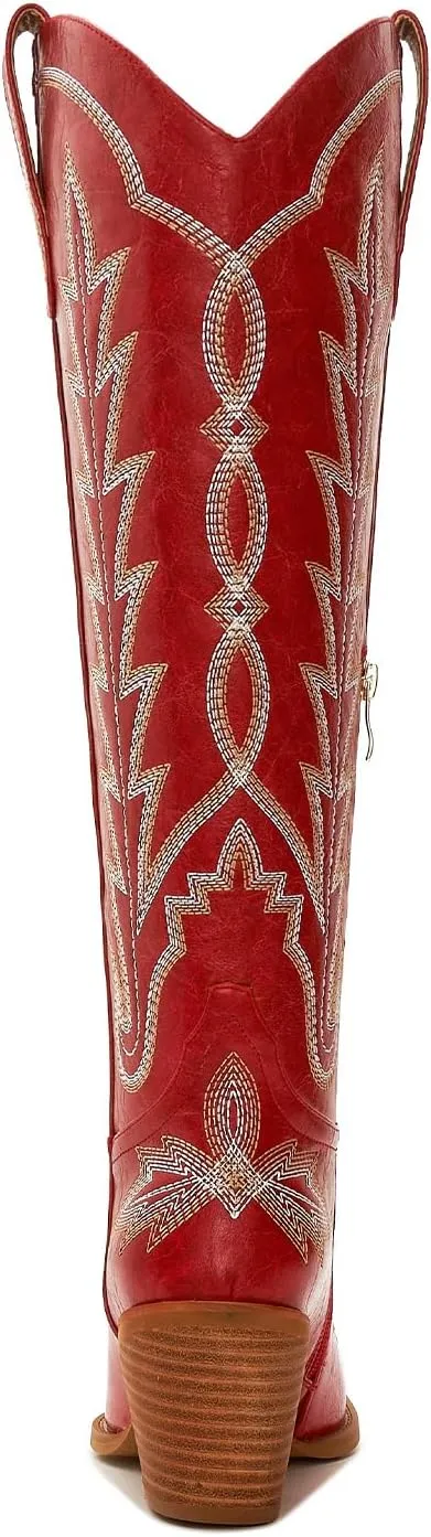 Cowboy Boots For Women - Western Knee High Cowgirl Boots with Snip Toe, 3" Wood Grain Block Heel, Slip-On & Side Zipper | Classic Western Embroidered Design