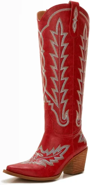 Cowboy Boots For Women - Western Knee High Cowgirl Boots with Snip Toe, 3" Wood Grain Block Heel, Slip-On & Side Zipper | Classic Western Embroidered Design