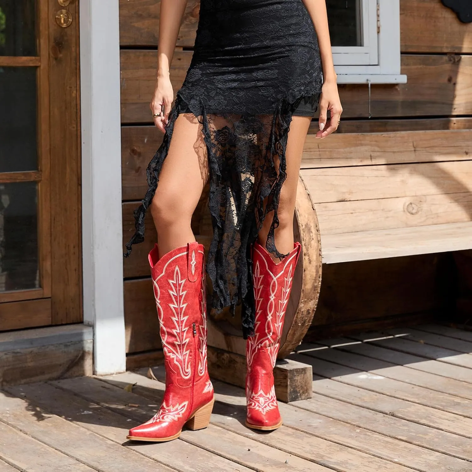 Cowboy Boots For Women - Western Knee High Cowgirl Boots with Snip Toe, 3" Wood Grain Block Heel, Slip-On & Side Zipper | Classic Western Embroidered Design