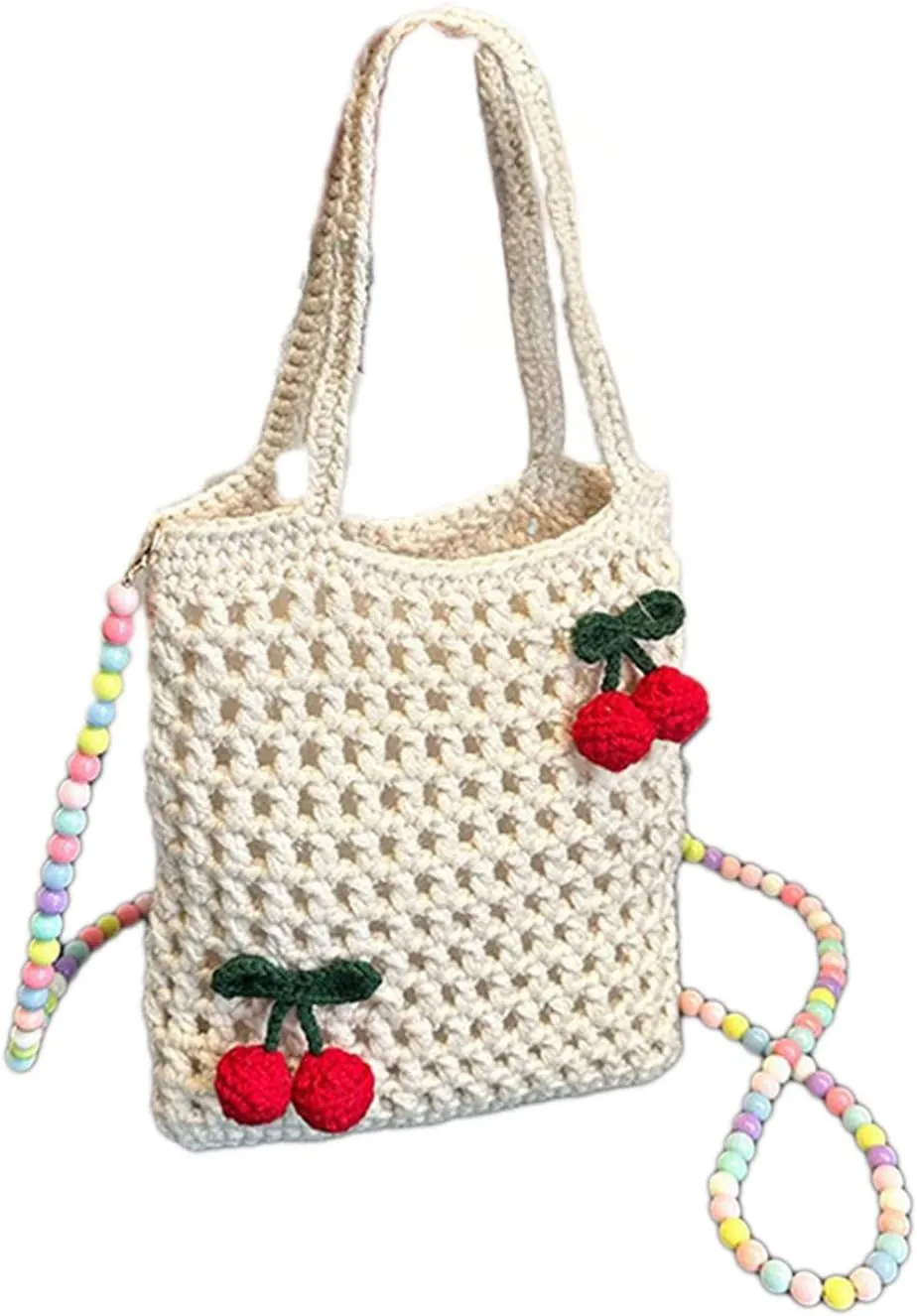 Crochet Purse Tote Bag Colorful Beaded Shoulder Colorful Beaded Strap Purse Strap Boho Knitted Handle Bag with Women