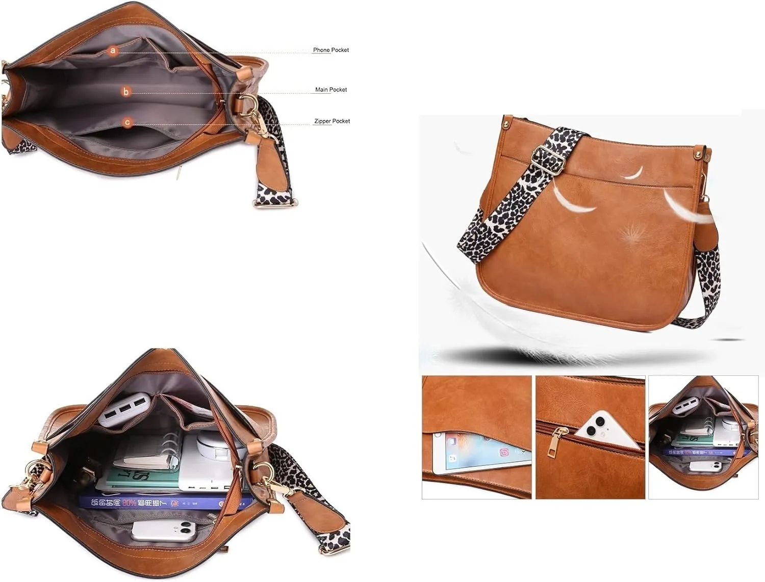 Crossbody Bag for Women Fashion Messenger Bag Shoulder Bag Multi-Pocket Leather Bags Removable Shoulder Strap