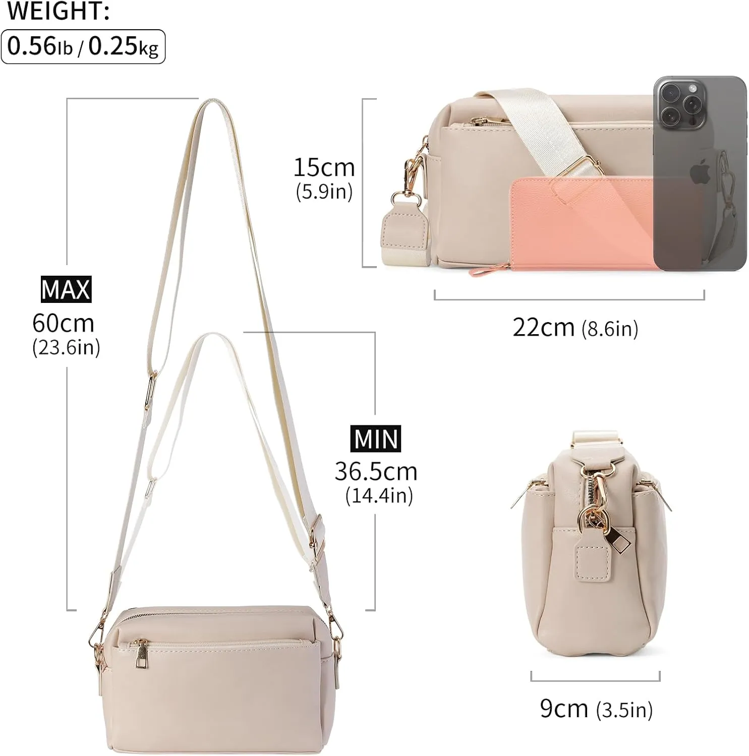 Crossbody Bags for Women Triple Zip Compartment Purses Vegan Leather Shoulder Handbags with Adjustable Shoulder Strap