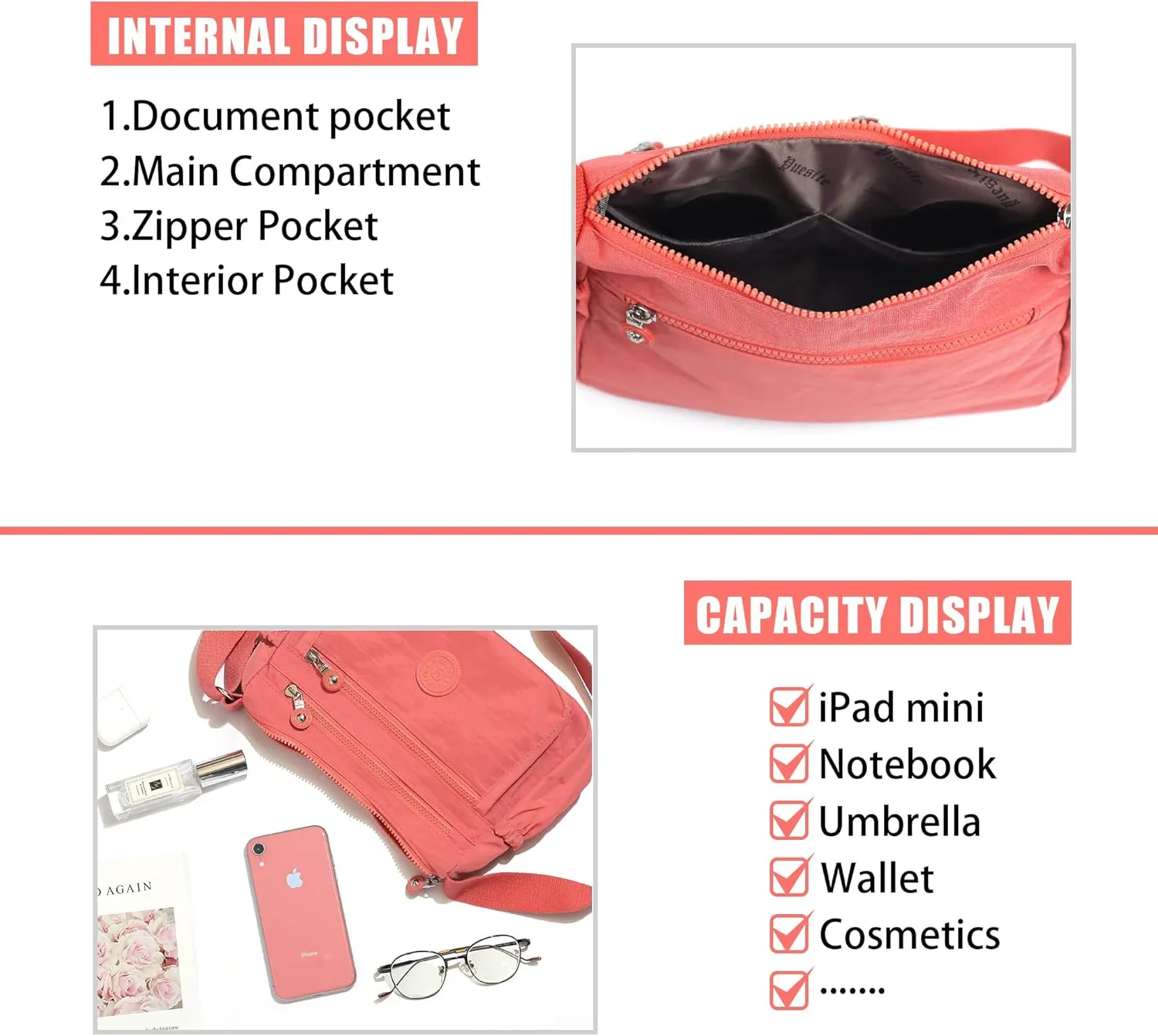 Crossbody Bags for Women Waterproof Tote Bag Casual Nylon Purse Handbag RFID Lightweight Messenger Bag