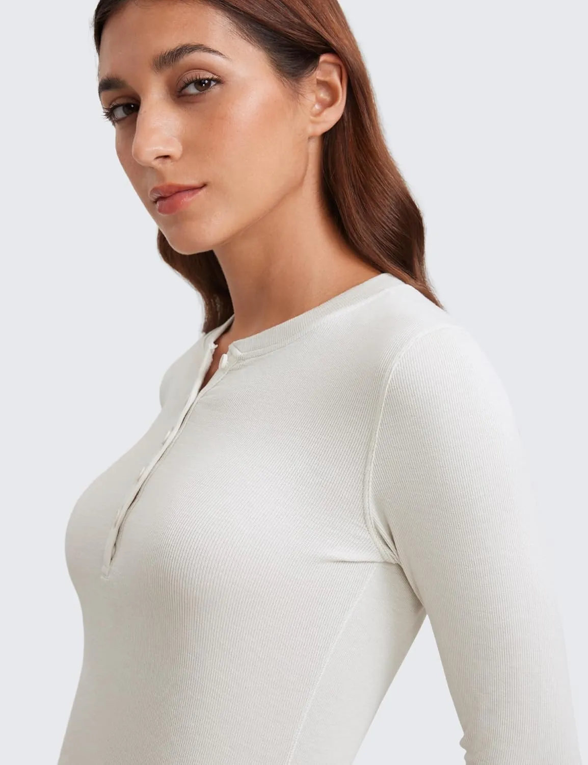 CRZ YOGA Ribbed Modal Casual Long Sleeve Henley Shirts for Women Soft Stretchy Knit Layering Basic Fitted Athletic Tops