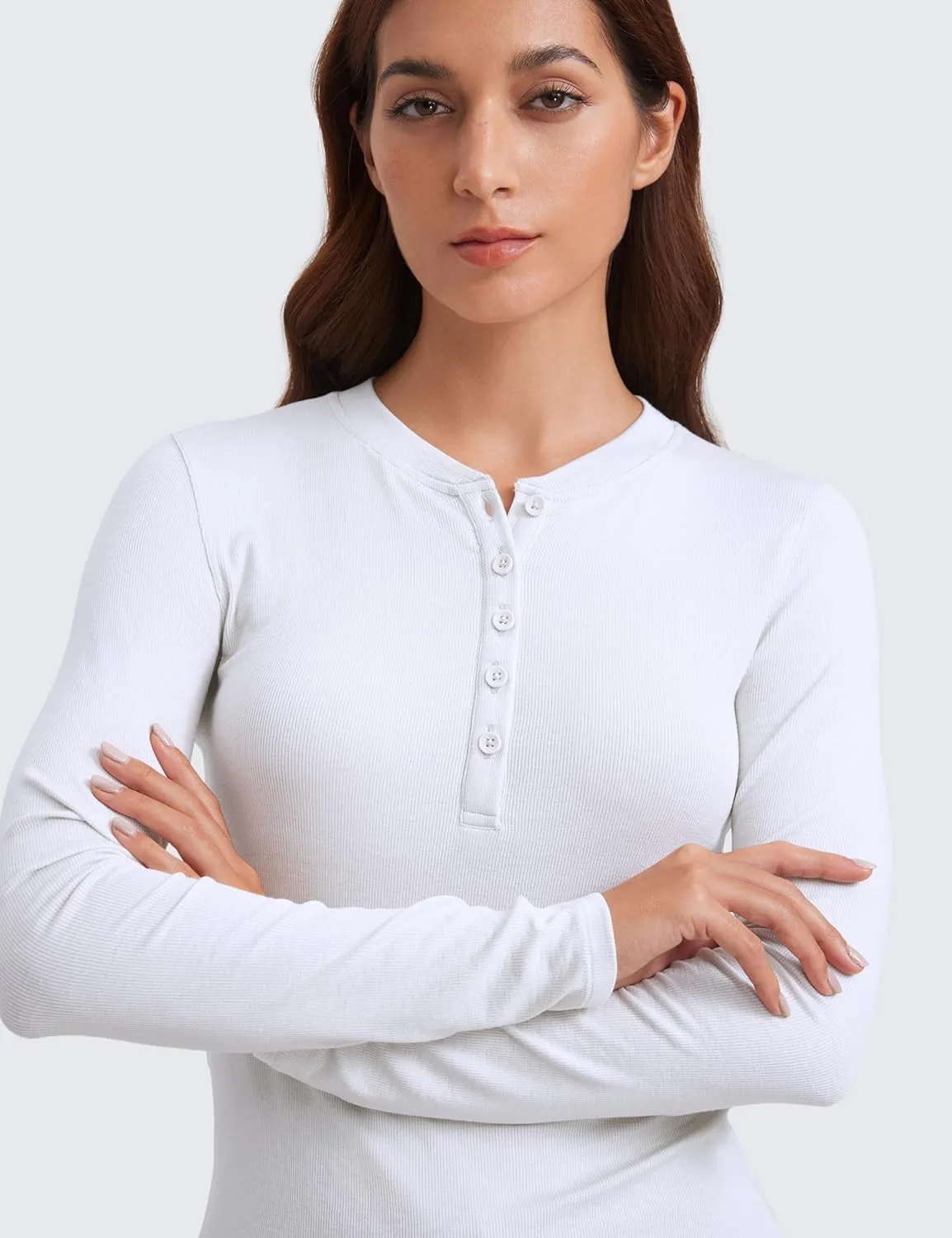 CRZ YOGA Ribbed Modal Casual Long Sleeve Henley Shirts for Women Soft Stretchy Knit Layering Basic Fitted Athletic Tops