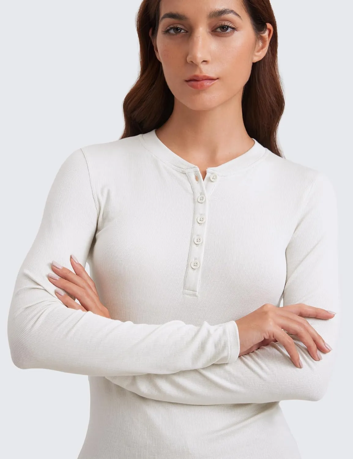 CRZ YOGA Ribbed Modal Casual Long Sleeve Henley Shirts for Women Soft Stretchy Knit Layering Basic Fitted Athletic Tops